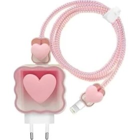 Resim Karokstore Psr Aksesuar (5960) Pembe Kalp Şarj Aleti Kılıfı, Şarj Kablosu Örme Aparatı, Toparlayıcı, Kablo Koruyucu 18W/20W ile Uyumlu 
