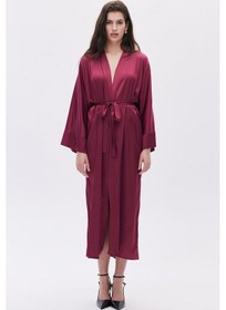 Resim Frappant Bordo Uzun Saten Sabahlık / Kimono Bordo 