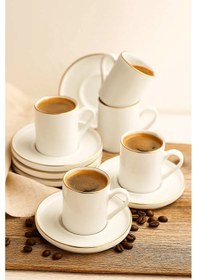 Resim 12 Parça Altın Yaldızlı Porselen Kahve Fincanı Ve Tabak 105cc Beyaz - Altın 