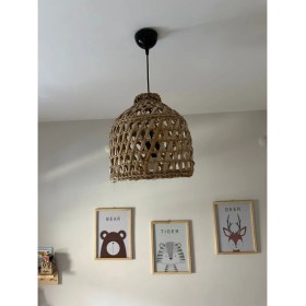 Resim Mediterian Siyah Hasır Bambu Avize, Çocuk Odası Dekorasyonu, Hafif ve Şık Tasarım, 27 cm 