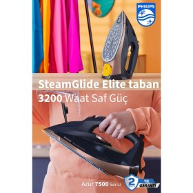 Resim Philips 3200W Güçlü Performans Steamglide Elite 7500 Serisi 260G Şok Buhar 55G/DK Sürekli Buhar Taban Ütü 