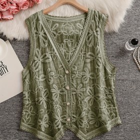Resim Kadınların Şık V-Yaka Kolsuz Yeleği Çiçek Desenli, Düğmeli Ön, Hafif Polyester Bahar ve Yaz Rahat Giyim için, Yaz Yeleği | Şık Kolsuz Üst | Zarif Desenli Yelek 