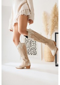 Resim Bahar Bej Süet Nakışlı Deri Detaylı Topuklu Western Çizme 001 