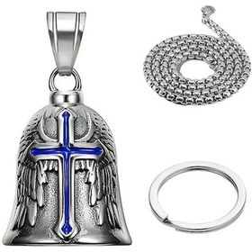 Resim Motorsiklet Korumalı Zil - Kutsal Haç Takımı, Titanyum Çelik Zincir Ve Anahtarlık, Kötülükten Koruma, Mavi 