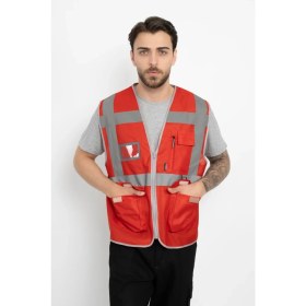 Resim Fosforlu Isimlikli Ikaz Yeleği Fermuarlı Kapaklı Cepli (Mühendis Tipi Kalın) Çift Renk Kırmızı 