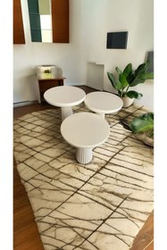 Resim Simillo Home&Living Wood Wooden Ahşap Krem Renk 3 lü Set Mantar Yan Sehpa Fiskos Çiçeklik Decorative 