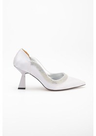 Resim Dilimler Ayakkabı Saten Kalın Sıra Taşlı Gümüş Kadın Kadeh Topuk Stiletto-2537-gumus Gumus 