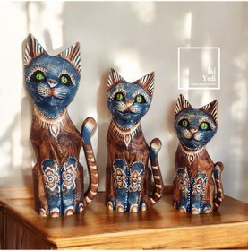 Resim Tizzy 30 Cm 3 Lü Ahşap Kedi Figürü Takımı Otantik Dekoratif Obje Seti, Ev Ve Ofis 77-4 