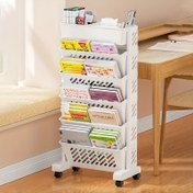 Resim 1 adet 5/6 Seviyeli Beyaz Plastik Kitaplık, Hareketli Masa ve Kalem Tutucu ile - Modern Tarz, Açık Raflar, Kolay Taşınabilirlik için Tekerlekler, Ofis ve Çalışma Malzemeleri Depolama için Mükemmel, Oturma Odası için Kitaplık, Çalışma Alanı Düzenleyici, Minimalist Tasarım, Fonksiyonel Tasarım, Dergi ve Gazete Sepetleri 