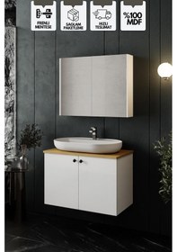 Resim Karen Banyo Mimoza 80 Cm Tezgahlı, Aynalı Banyo Dolabı Seti, Seramik Lavabo Dahil, Beyaz, Mdf Beyaz 