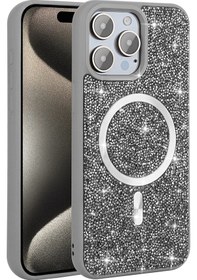 Resim Apple Uyumlu iPhone Adige İphone 15 Pro Max Uyumlu Kılıf Parlak Taşlı Pırlanta Mozaik Magsafe Özellikli Gri - 