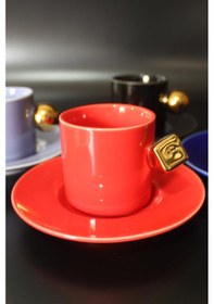 Resim Porselen 6 Kişilik Kahve Fincan Takımı Karışık Renk Tasarım Kulp Tr3134 