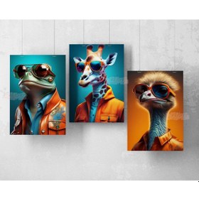Resim 3'lü Çerçevesiz Poster Seti Kurbağa, Zürafa, Devekuşu 