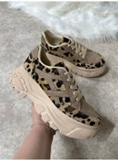 Resim Günlük Kadın Sneaker Kalın Yüksek Taban Bağcıklı Rahat Tiger Şeritli Spor Ayakkabı 032 16 - Vizon Sarı Leopar 