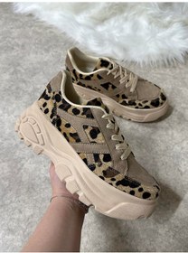 Resim Günlük Kadın Sneaker Kalın Yüksek Taban Bağcıklı Rahat Tiger Şeritli Spor Ayakkabı 032 16 - Vizon Sarı Leopar 