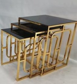 Resim Kare Hedef Gold Metal Ayaklı Siyah Cam Zigon Sehpa Seti - 3 Parça | Yerli Üretim | Çelsan Metal 