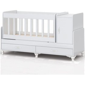 Resim Mdf Korkuluklu, Anne Yanı, Sallanır, Dolaplı, Çekmeceli, Büyüyen, Karyola Olabilen, Beşik Beyaz 