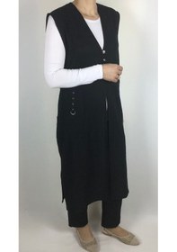 Resim Kadın Önü Üç Düğmeli Cepli Jakarlı Yazlık Uzun Yelek-ezm3 Siyah 