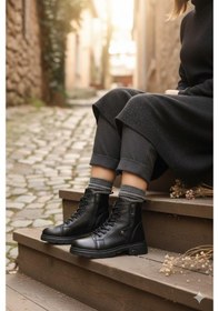 Resim Mehmet Mete 1180 Rahat Sıcak Astar Kaymaz Taban Yumuşak Hakiki Deri Kadın Bot Siyah 