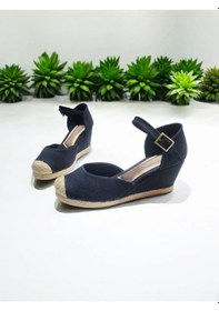 Resim Kadın 7cm Topuk Keten Tokalı Burnu Hasır Espadril Siyah 