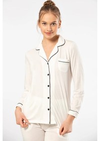 Resim Türen 3365 Kadın Uzun Kollu Gömlek Yaka Pijama Takım-ekru Çok Renkli 