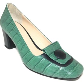 Resim D&A İzland Shoes Kadın Yeşil Kroko Düğmeli Klasik Topuklu Ayakkabı 
