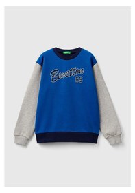 Resim United Colors Of Benetton Erkek Çocuk Saks Mavi Mix Önü Logo Baskılı Bisiklet Yaka Ribanalı Sweatshirt Mavi 
