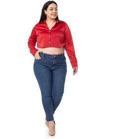 Resim Disentis Büyük Beden Saten Manşetli Kırmızı Crop Gömlek-kırmızı Kırmızı 