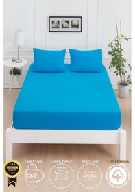 Resim Mirava Premium %100 Pamuk Penye Lastikli Çift Kişilik Çarşaf Takımı 2 Yastık Kılıfı Dahil Turkuaz 140x200cm Turkuaz 