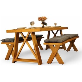 Resim Neiwel Kues Doğal Ahşap Banklı Mutfak Ve Yemek Masası Takımı-100-200 Takım Açık Ceviz 