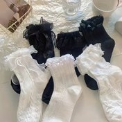 Resim 6 Çift Karışık Renkli Orta Boy Çoraplar - XXJ-Sadeli Dantel Fiyonklu Diz Üstü Çoraplar 