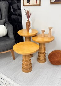 Resim AYLESA Doğal Ahşap 3’lü Set Mantar Yan Sehpa Modern Meşe Renk Fiskos Zigon Çiçeklik 