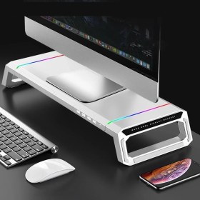 Resim Rgb Işıklı Laptop Sehpası ve Mönitör Standı, 4 USB Hub, Telefon Tutuculu 