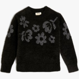 Resim Kız Çocuk Peluş Kazak Çiçek Desenli Uzun Kollu Bisiklet Yaka 