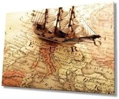 Resim Camdan Tablo (1736) Gemi Ve Dünya Haritası 4mm Dayanıklı Cam Tablo Temperli Cam, World Map Çok Renkli 36 x 24 