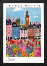 Resim London Flower Market Print - Big Ben Cityscape British Botanical Art - With Hanger - White / 16 x 20" (40x50 cm) 