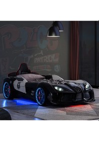 Resim Arabalı Yatak, Police Koltuklu Full Ledli Arabalı Yatak - Siyah - 1 Adet Comfort Yatak 