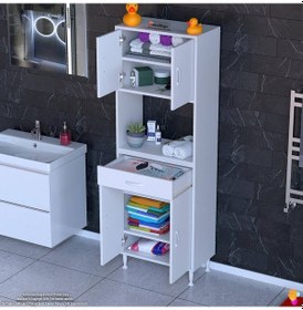 Resim Modilayn Arda Banyo Dolabı 55x173x32,5cm 1 Çekmece 4 Kapak Ve 6 Raflı İhtiyaca Uygun Kolay Kurulum Beyaz 