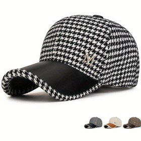 Resim M Logolu, El Yıkamalı, Hafif, Dokuma Kumaş, Esnek Olmayan, Üniseks-Erkek/Kadın Moda Ördek Gagalı Kış/Bahar Houndstooth Desenli Polyester Beyzbol Şapkası 