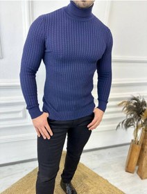 Resim Elku Moda Kazak Slim Fit Tüylenmez Naturel Pamuk Triko Boğazlı Balıkçı Yaka Kazak Lacivert 