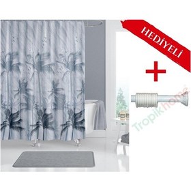 Resim Palmiye Desenli Boru Hediyeli Banyo Perdesi Gri 