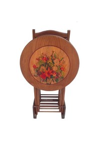 Resim Zigon Çanta Sehpa Model Çiçek Motif Yuvarlak Parlak Ceviz Kayın Torna Ayak El Yapım 