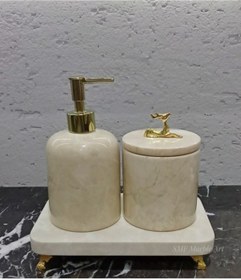 Resim Sümeyra Marble Art Minimal Dekoratif Bej Mermer Gold Detaylı 3 Lü Banyo Seti Takımı 