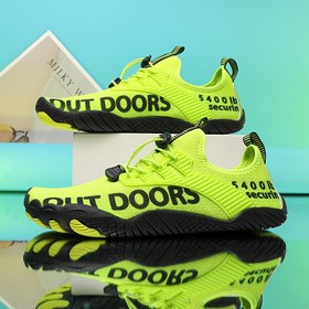 Resim Erkekler için Hızlı Kuruyan Kaymaz Plaj Su Ayakkabıları - Yüzme, Sörf, Yürüyüş, Balıkçılık için Hafif Nefes Alabilir Slip-On/Bağcıklı Düşük Üst Dış Mekan Ayakkabısı Kauçuk Tabanlı - Neon Yeşil & Siyah Harf Baskı Tasarımı, İlkbahar/Yaz Günlük Çizgili Desenli, Plaj Ayakkabıları, Su Aktivitesi Ayakkabısı, Ayarlanabilir İpli Bağlama 
