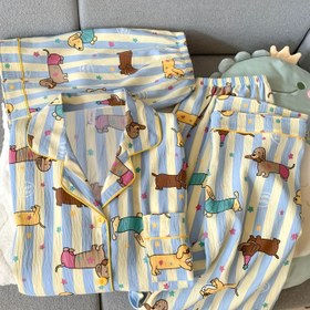 Resim Spotless Yüksek Kaliteli Kore Tarzı Yaratıcı Çizgili Karikatür Köpek Pijamaları Kadınlar İçin, İnce Bahar/Yaz Kısa Kollu Uzun Pantolon Şort Üç Parça Set Rahat Boyutlu Rahat Yaka Açık Kardigan Rahat Giyim Seti 