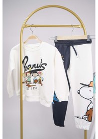 Resim Yeni Sezon Peanust Snoopy Modelli Bisiklet Yaka Pamuk Eşofman Takımı Ekru 