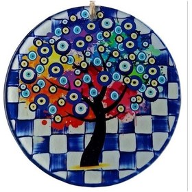 Resim Dilek Ağacı Desenli Nazar Boncuklu Füzyon Cam Duvar Süsü 