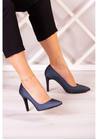 Resim Erkan Saçmacı Gowa Plus Lacivert Saten Sivri Burun İnce Topuklu Abiye Stiletto Ayakkabı 