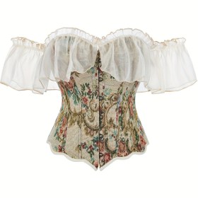 Resim Kadınlar İçin Vintage Çiçek Desenli Overbust Korse Üst - Omuzsuz Askılı Dantel Detaylı ve Fırfırlı Kol, Yüksek Destekli Ön Düğmeli Şekillendirici Giysi, Dans, Partiler, Özel Günler, Resmi Etkinlikler, Zarif Tarz, Kaliteli Kumaş, Retro Tutkunları, Gece Elbisesi, Nefes Alabilen Malzeme, Vücuda Oturan Göğüs Bandı 