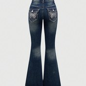 Resim Trendsetter, Şık Nakışlı & Taşlı Kadın Flare Kot Pantolon - Esnek, Rahat Kesim kot Cepli 